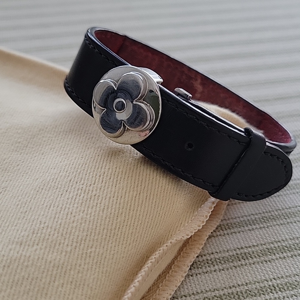 Louis Vuitton Black Leather Bracelet with Red Interior and Silver Clasp